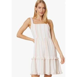 Bobi Women's Square Neck Tiered Striped Mini Dress Size L Cream Multicolor NWT